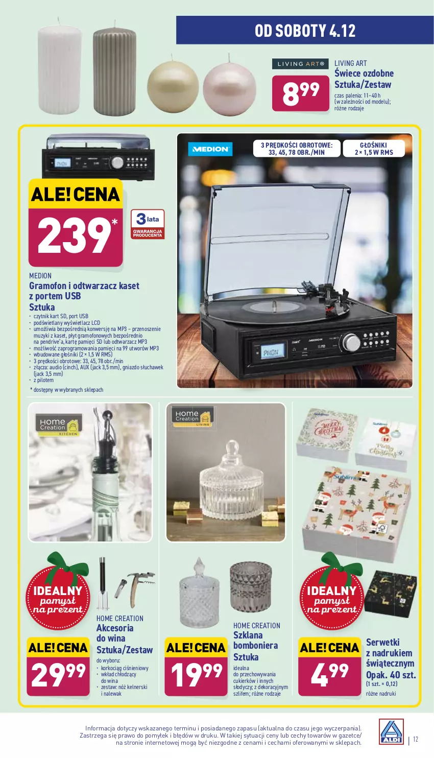 Gazetka promocyjna Aldi - Katalog Moda i Dom - ważna 01.12 do 04.12.2021 - strona 12 - produkty: Bomboniera, Cukier, Głośnik, Gra, Koc, Korkociąg, LANA, Pendrive, Por, Ser, Serwetki