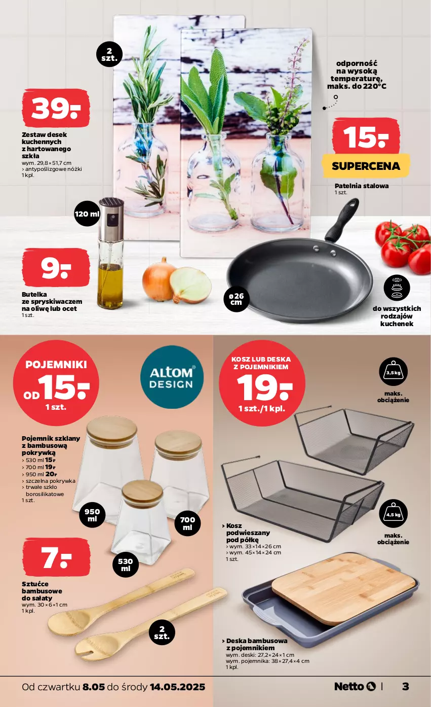 Gazetka promocyjna Netto - Od Czwartku Przemysłowa - ważna 08.05 do 14.05.2025 - strona 3 - produkty: Butelka ze spryskiwaczem, Kosz, Ocet, Patelnia, Pojemnik, Pojemnik szklany, Por, Sałat, Sok