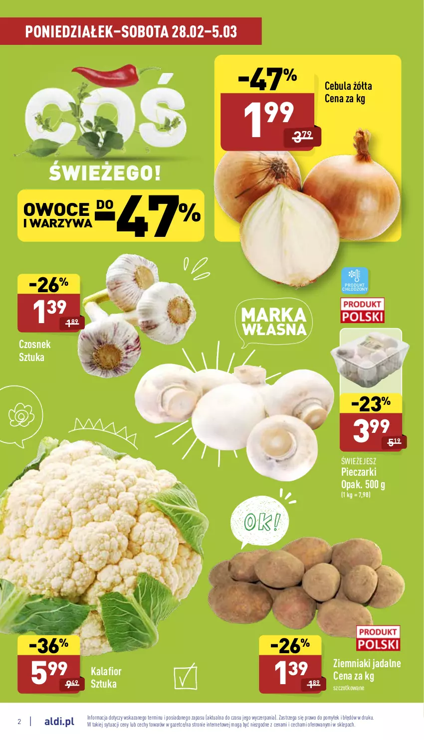 Gazetka promocyjna Aldi - Pełny katalog - ważna 28.02 do 05.03.2022 - strona 2 - produkty: Cebula, Czosnek, Kalafior, Owoce, Piec, Warzywa, Ziemniaki