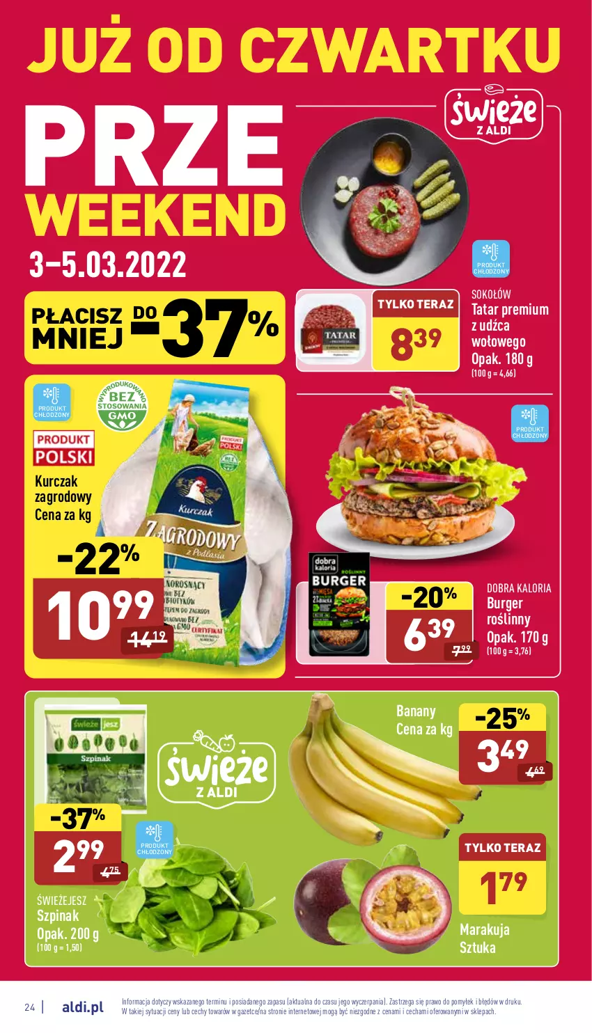 Gazetka promocyjna Aldi - Pełny katalog - ważna 28.02 do 05.03.2022 - strona 24 - produkty: Banany, Burger, Kurczak, Sok, Sokołów, Szpinak, Tera