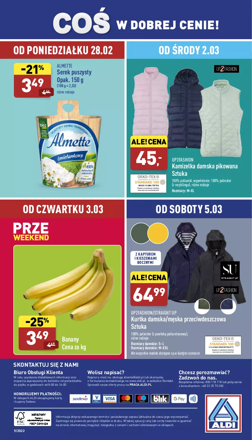 Gazetka promocyjna Aldi - Pełny katalog - ważna 28.02 do 05.03.2022 - strona 40 - produkty: Almette, Banany, Biuro, Fa, Kamizelka, Kurtka, O nas, Por, Ser, Serek, Serek puszysty