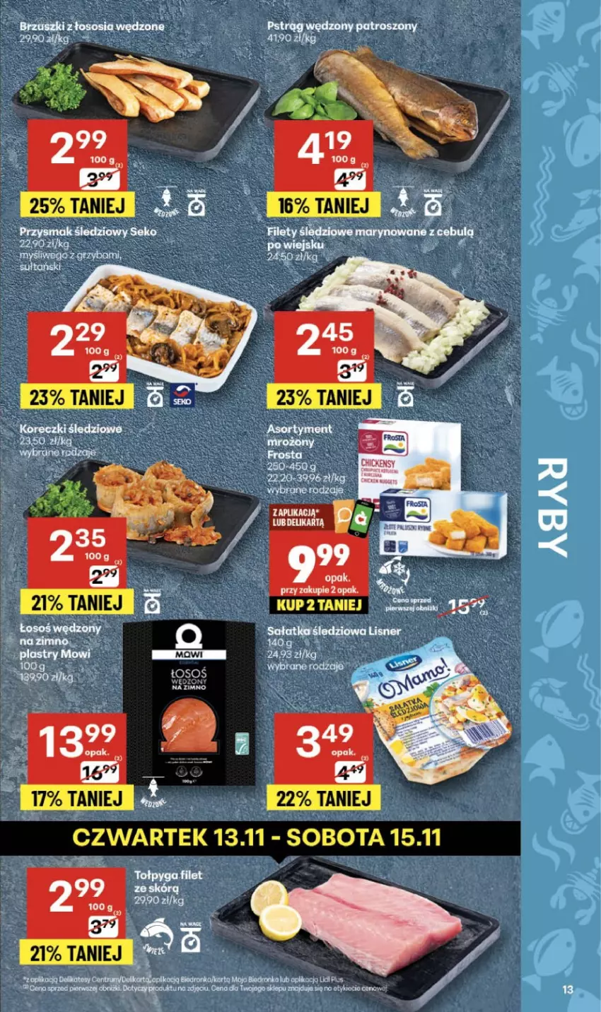 Gazetka promocyjna Delikatesy Centrum - Franczyza DC46 Czwartek - ważna 13.11 do 19.11.2025 - strona 13 - produkty: Brzuszki z łososia, Koc, Lisner, Pstrąg, Pstrąg wędzony, Rum, Sałat, Sałatka, SEKO, Sos, Tołpyga