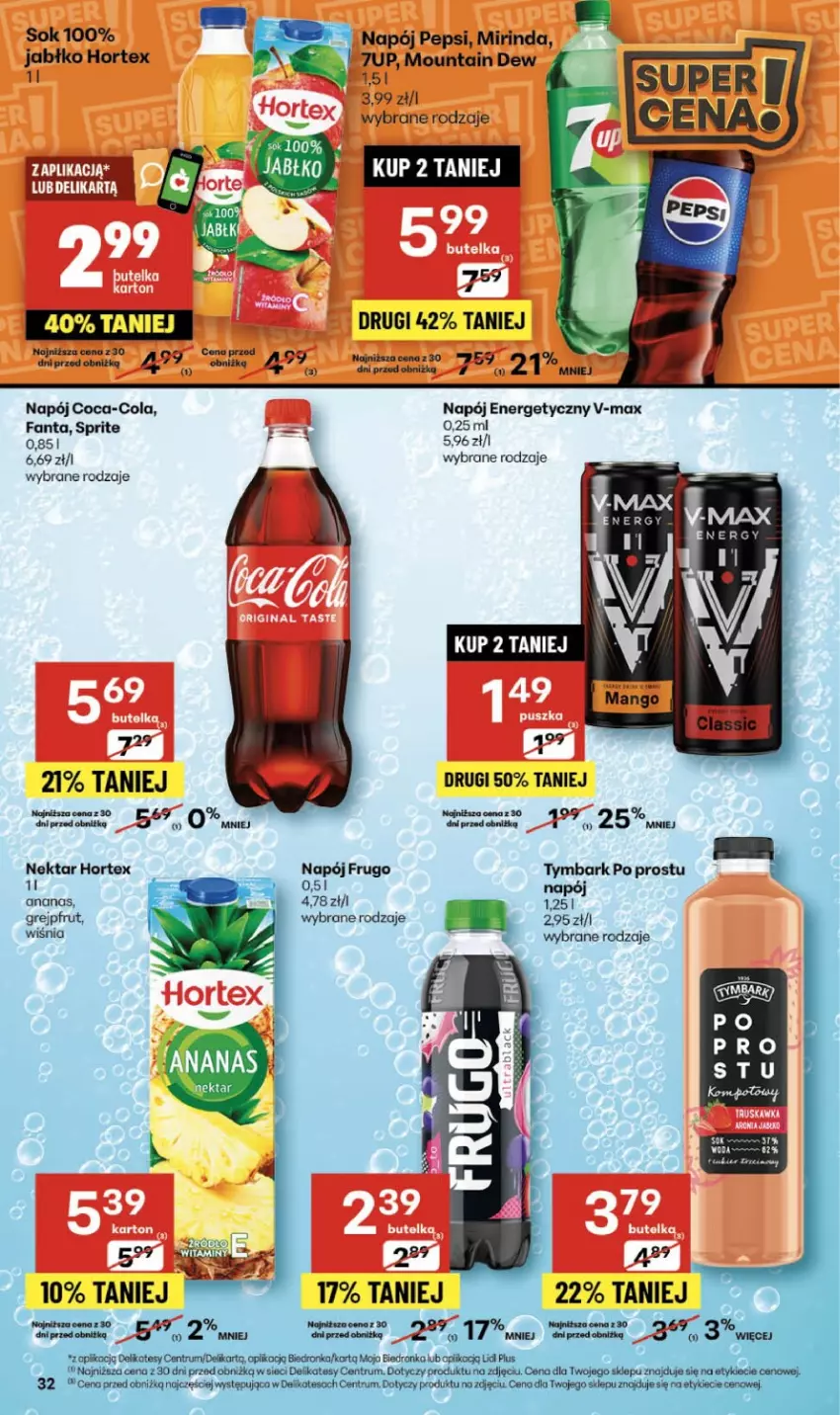 Gazetka promocyjna Delikatesy Centrum - Franczyza DC46 Czwartek - ważna 13.11 do 19.11.2025 - strona 32 - produkty: 7up, Ananas, Coca-Cola, Fa, Fanta, Grejpfrut, Hortex, Mirinda, Napój, Napój energetyczny, Nektar, Pepsi, Sok, Sprite, Tymbark