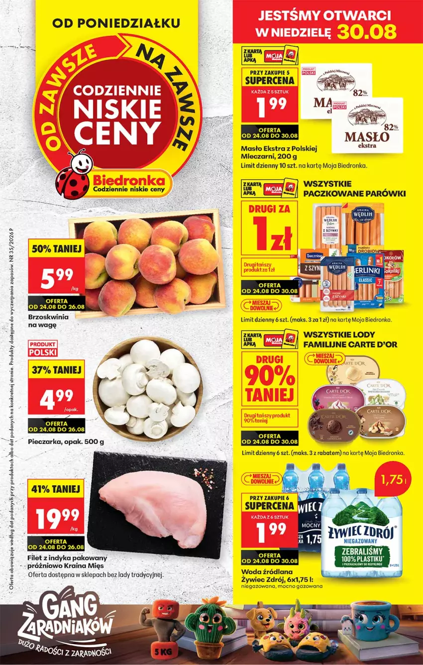 Gazetka promocyjna Biedronka - Od Poniedziałku - ważna 24.08 do 30.08.2026 - strona 1 - produkty: Carte d'Or, Fa, LANA, Lody, Masło, Parówki, Woda