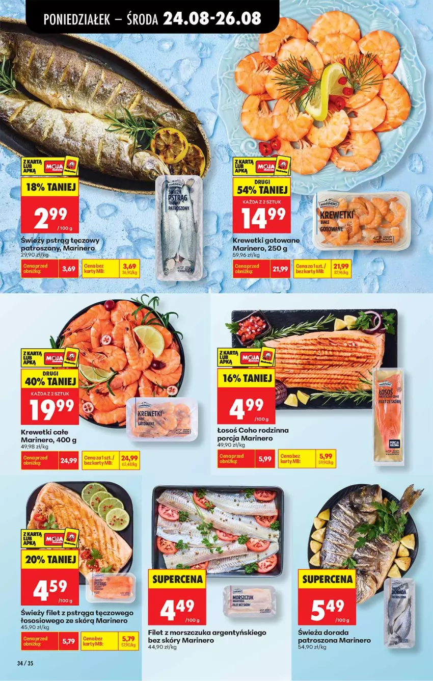 Gazetka promocyjna Biedronka - Od Poniedziałku - ważna 24.08 do 30.08.2026 - strona 34 - produkty: Fa, Filet z morszczuka, Filet z pstrąga, Krewetki, Por, Pstrąg, Sos