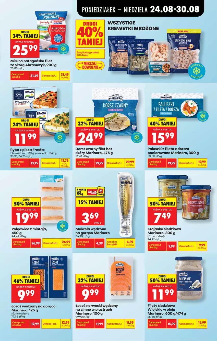 Gazetka promocyjna Biedronka - Od Poniedziałku - ważna 24.08 do 30.08.2026 - strona 35 - produkty: Dorsz, Frosta, Krajanka śledziowa, Krewetki, Mintaj, Miruna, Olej, Piec, Ryba, Tago