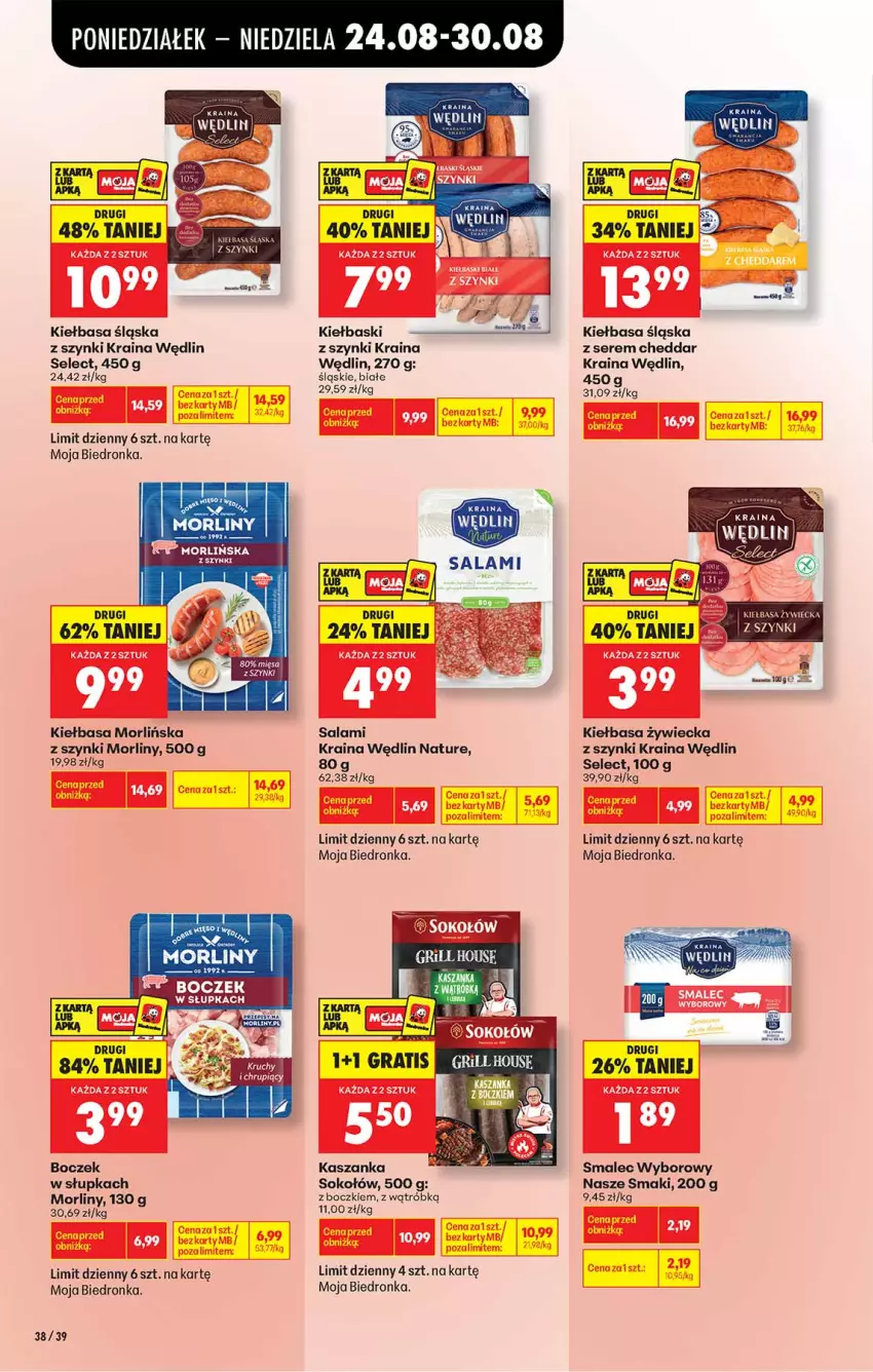 Gazetka promocyjna Biedronka - Od Poniedziałku - ważna 24.08 do 30.08.2026 - strona 38 - produkty: Boczek, Cheddar, Kasza, Kaszanka, Kiełbasa, Kiełbasa śląska, Kiełbasa zywiecka, Morliny, Salami, Ser, Smalec, Sok, Sokołów