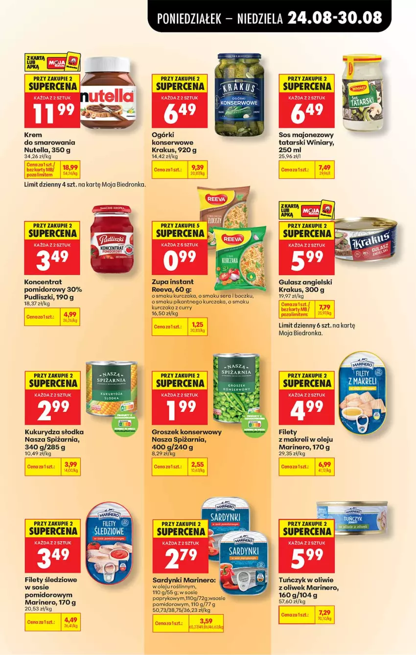 Gazetka promocyjna Biedronka - Od Poniedziałku - ważna 24.08 do 30.08.2026 - strona 45 - produkty: Groszek, Koncentrat pomidorowy, Krakus, Kukurydza, Kurczak, Majonez, Nutella, Ogórki konserwowe, Olej, Pudliszki, Sardynki, Ser, Sos, Tuńczyk, Winiary, Zupa