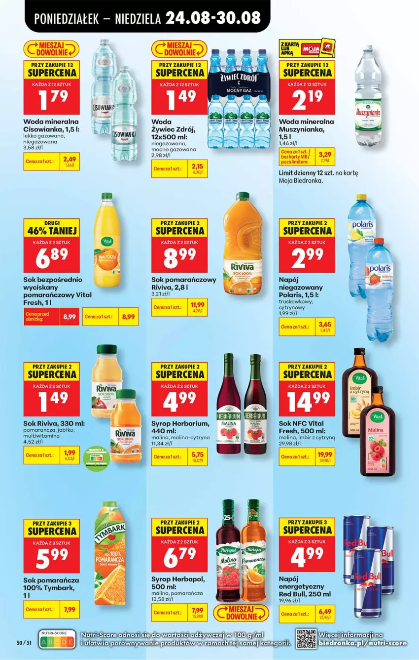 Gazetka promocyjna Biedronka - Od Poniedziałku - ważna 24.08 do 30.08.2026 - strona 50 - produkty: Cisowianka, Herbapol, Imbir, Mus, Muszynianka, Napój, Napój energetyczny, Napój niegazowany, Red Bull, Sok, Sok pomarańczowy, Syrop, Tymbark, Woda, Woda mineralna