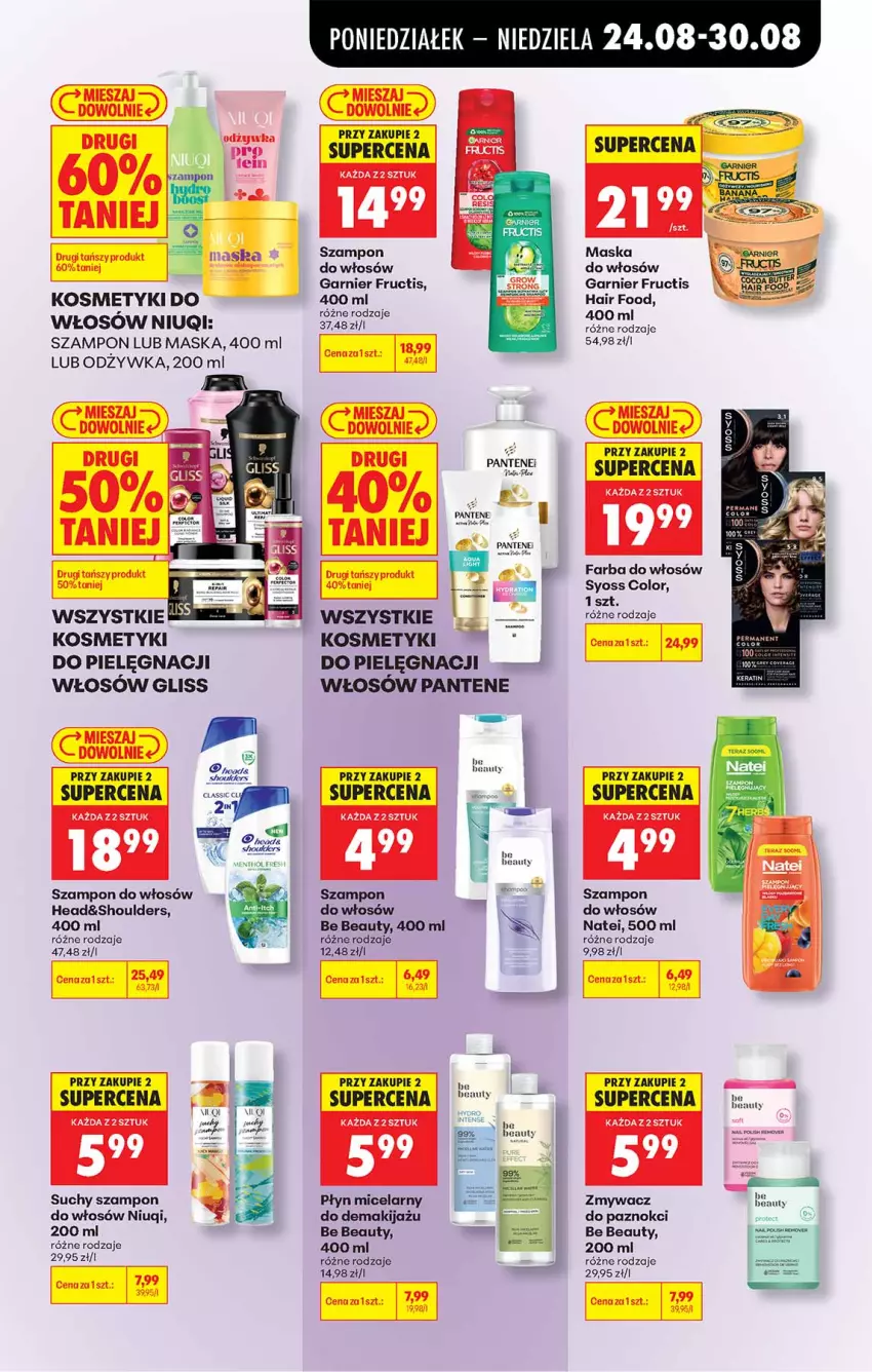 Gazetka promocyjna Biedronka - Od Poniedziałku - ważna 24.08 do 30.08.2026 - strona 55 - produkty: Be Be, Fa, Farba do włosów, Fructis, Garnier, Kosmetyki do pielęgnacji, Makijaż, Maska, Maska do włosów, Niuqi, Odżywka, Pantene, Płyn micelarny, Suchy szampon, Syoss, Szampon