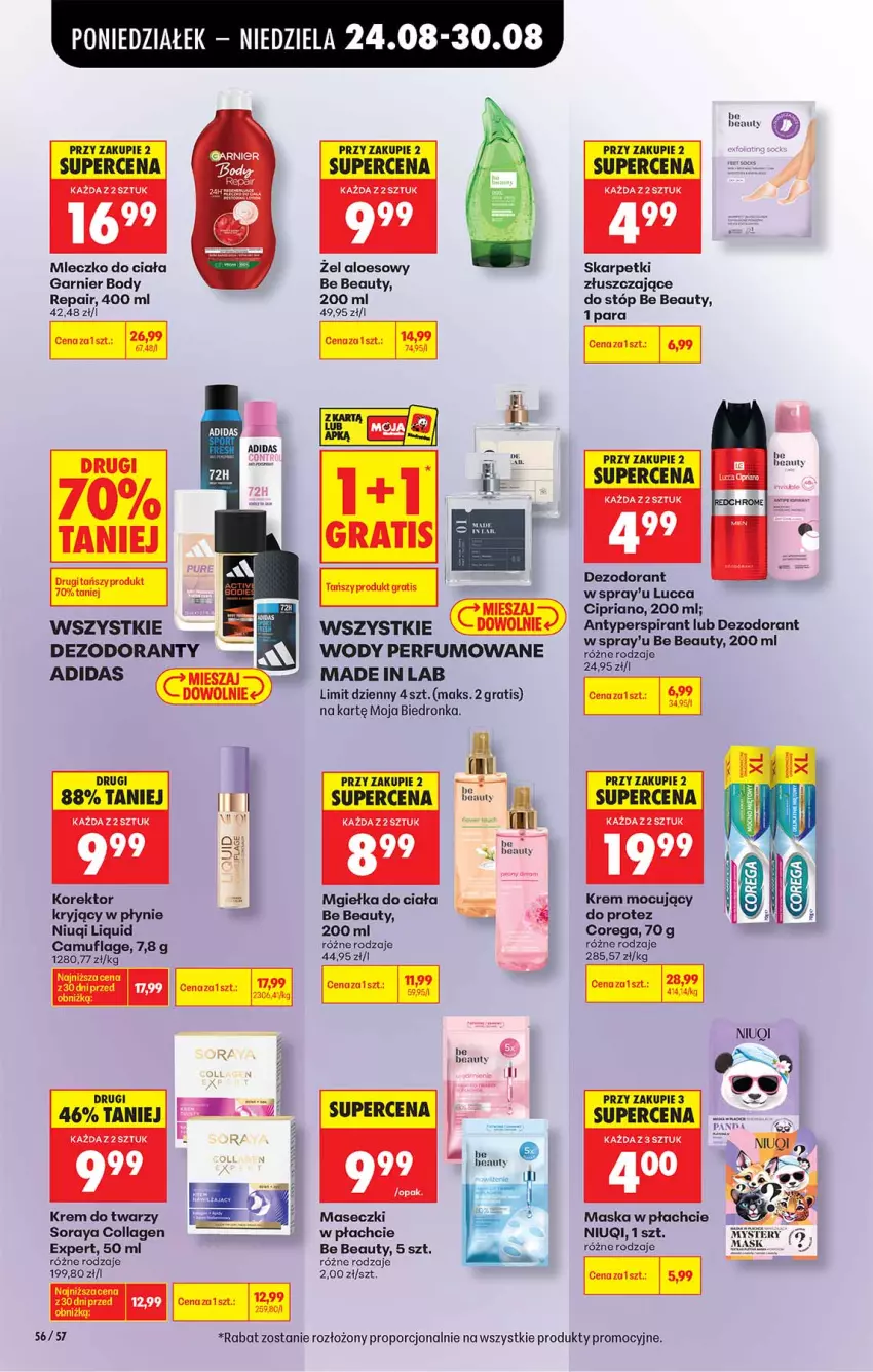 Gazetka promocyjna Biedronka - Od Poniedziałku - ważna 24.08 do 30.08.2026 - strona 56 - produkty: Antyperspirant, Be Be, Body, Corega, Dezodorant, Garnier, Gra, Karp, Krem do twarzy, Maska, Maska w płachcie, Mleczko, Mleczko do ciała, Niuqi, Perfum, Por, Skarpetki