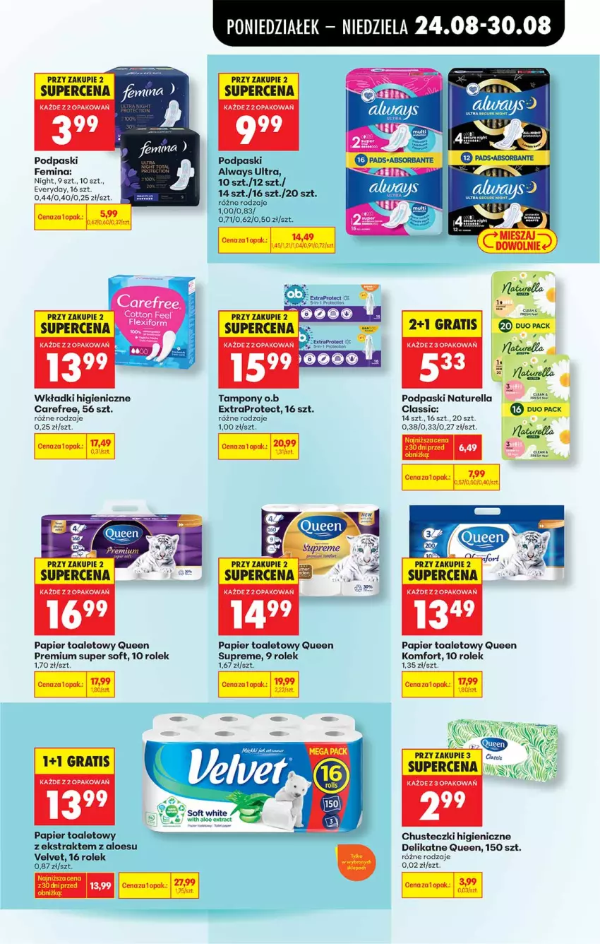 Gazetka promocyjna Biedronka - Od Poniedziałku - ważna 24.08 do 30.08.2026 - strona 57 - produkty: Always, Always Ultra, Carefree, Chusteczki, Fa, Gra, Naturell, Naturella, Noż, Papier, Papier toaletowy, Podpaski, Tampony, Velvet, Wkładki