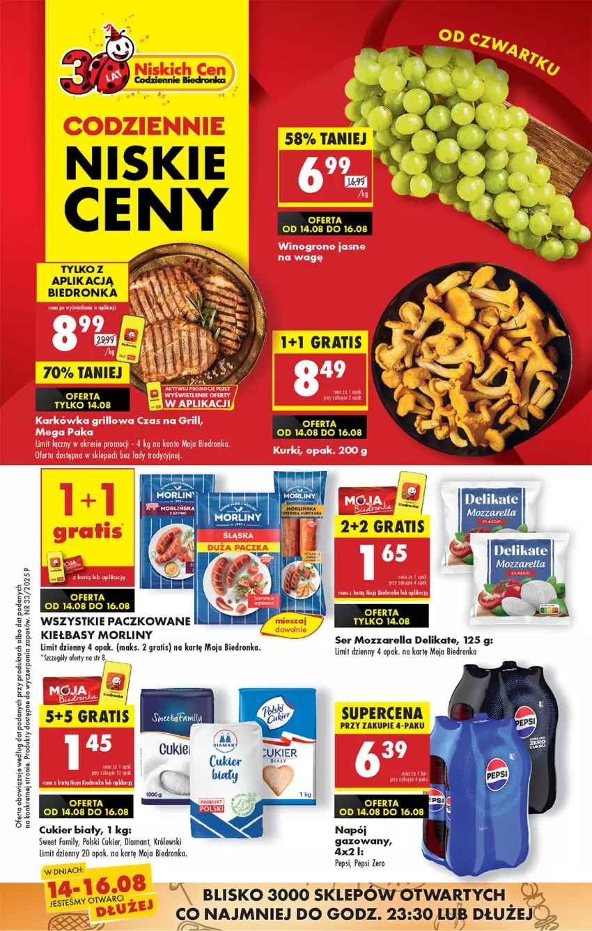 Gazetka promocyjna Biedronka - Od Czwartku - ważna 14.08 do 20.08.2025 - strona 1 - produkty: Cukier, Diamant, Fa, Gra, Grill, Kret, Królewski, Morliny, Mozzarella, Napój, Pepsi, Ser