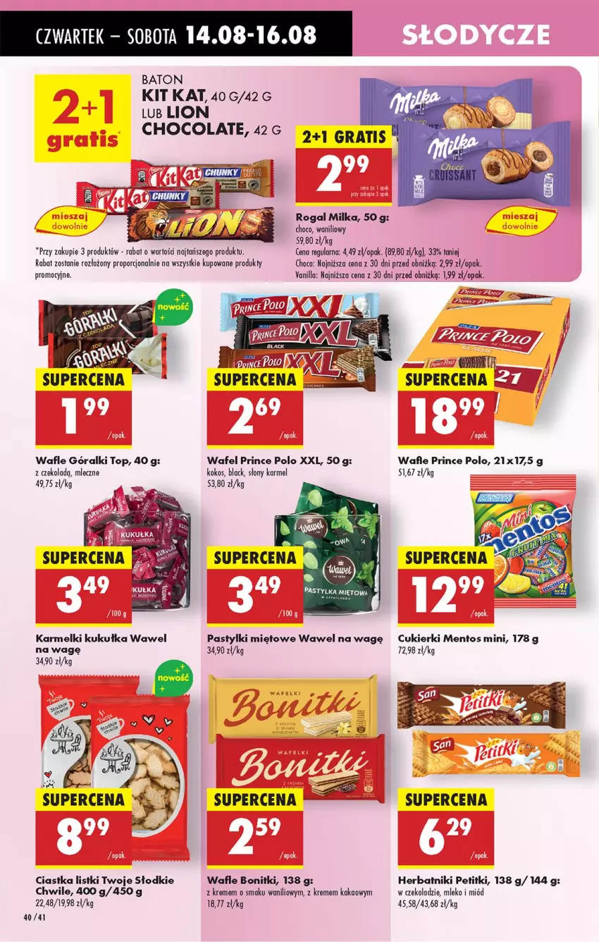 Gazetka promocyjna Biedronka - Od Czwartku - ważna 14.08 do 20.08.2025 - strona 50 - produkty: Baton, Bonitki, Ciastka, Cukier, Cukierki, Fa, Góralki, Gra, Herbatniki, Kakao, Kit Kat, Kokos, Lack, LG, Lion, Mentos, Milka, Miód, Mleko, Pastylki, Por, Prince Polo, Rogal, Top, Wafle, Wawel