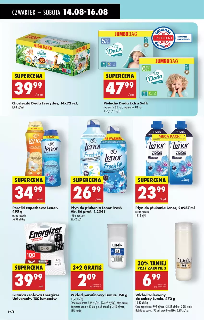 Gazetka promocyjna Biedronka - Od Czwartku - ważna 14.08 do 20.08.2025 - strona 62 - produkty: 7 Days, Chusteczki, Dada, Energizer, Latarka, Latarka czołowa, Lenor, Pieluchy, Płyn do płukania, Tarka, Znicz