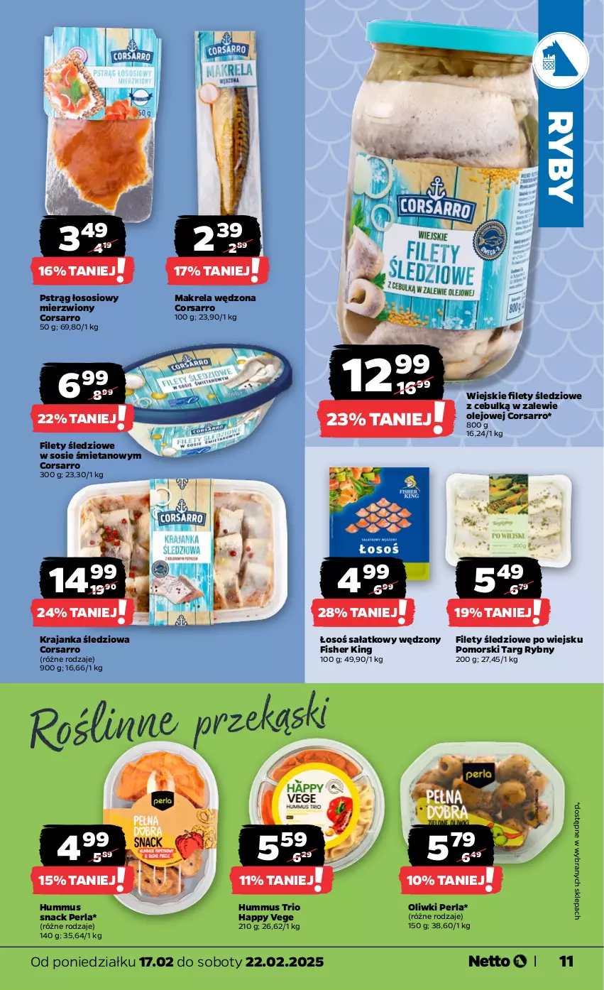 Gazetka promocyjna Netto - Od Poniedziałku - ważna 17.02 do 22.02.2025 - strona 11 - produkty: Hummus, Krajanka śledziowa, Mus, Olej, Oliwki, Pstrąg, Pstrąg łososiowy, Sałat, Sos