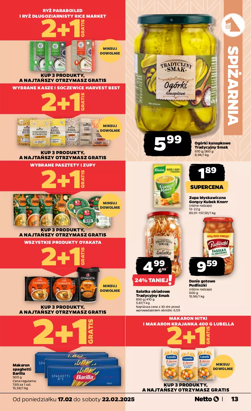 Gazetka promocyjna Netto - Od Poniedziałku - ważna 17.02 do 22.02.2025 - strona 13 - produkty: Barilla, Bell, Bella, Danie gotowe, Gra, Knorr, Kubek, Lubella, Makaron, Pasztet, Pudliszki, Ryż, Sałat, Sałatka, Spaghetti, Zupa