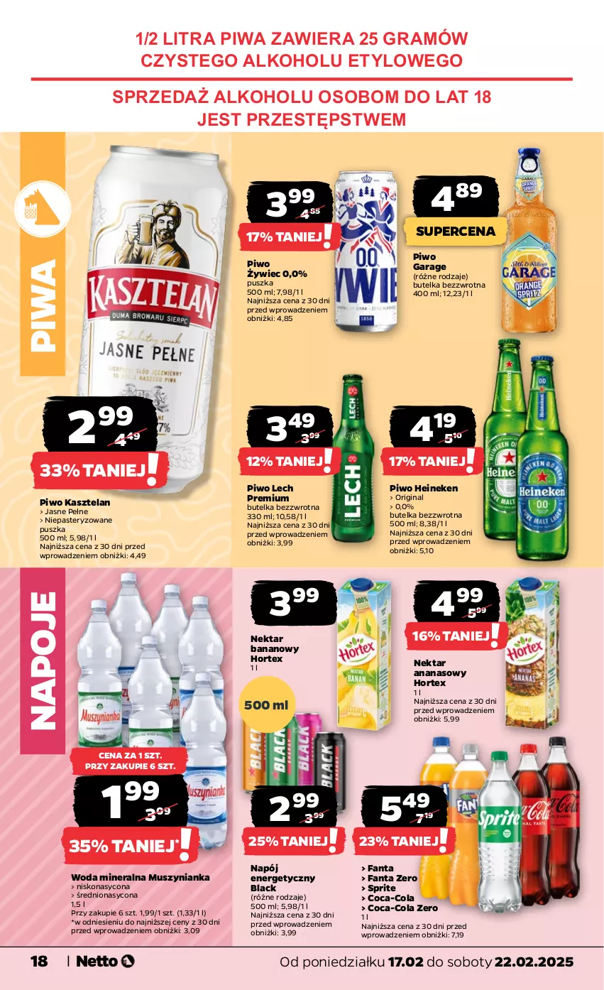 Gazetka promocyjna Netto - Od Poniedziałku - ważna 17.02 do 22.02.2025 - strona 18 - produkty: Ananas, Coca-Cola, Fa, Fanta, Gin, Gra, Heineken, Hortex, Kasztelan, Lack, Lech Premium, Mus, Muszynianka, Napój, Napój energetyczny, Napoje, Nektar, Nektar bananowy, Piwa, Piwo, Sprite, Woda, Woda mineralna