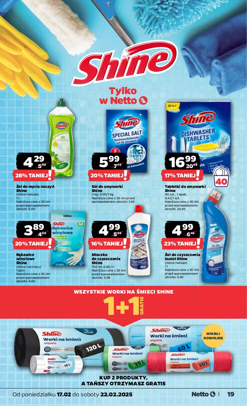 Gazetka promocyjna Netto - Od Poniedziałku - ważna 17.02 do 22.02.2025 - strona 19 - produkty: Do mycia naczyń, Gra, Mleczko, Rękawice, Sól, Tablet, Tabletki do zmywarki, Worki na śmiec, Worki na śmieci, Zmywarki