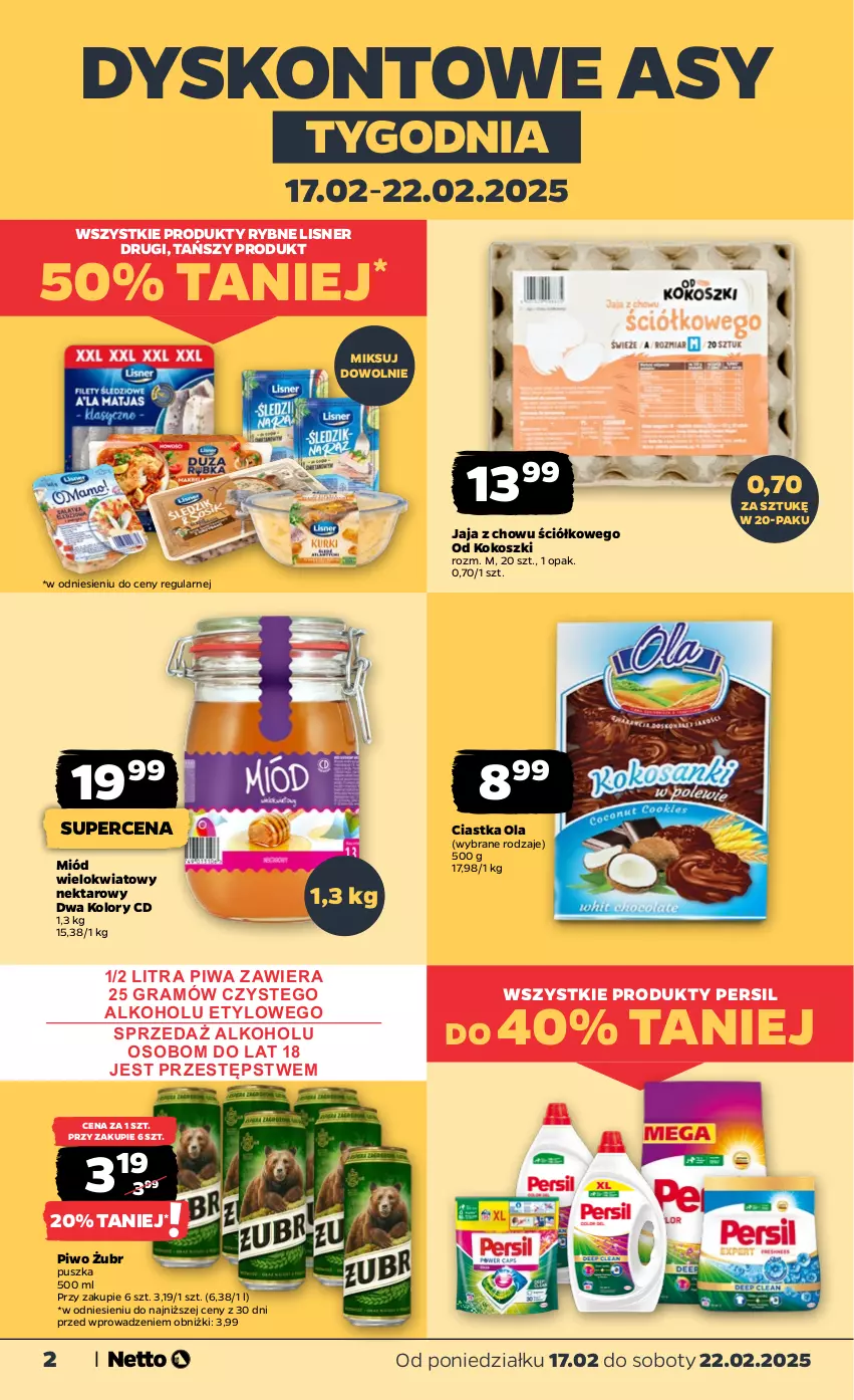 Gazetka promocyjna Netto - Od Poniedziałku - ważna 17.02 do 22.02.2025 - strona 2 - produkty: Ciastka, Gra, Jaja, Kokos, Kosz, Lisner, Miód, Nektar, Persil, Piwa, Piwo