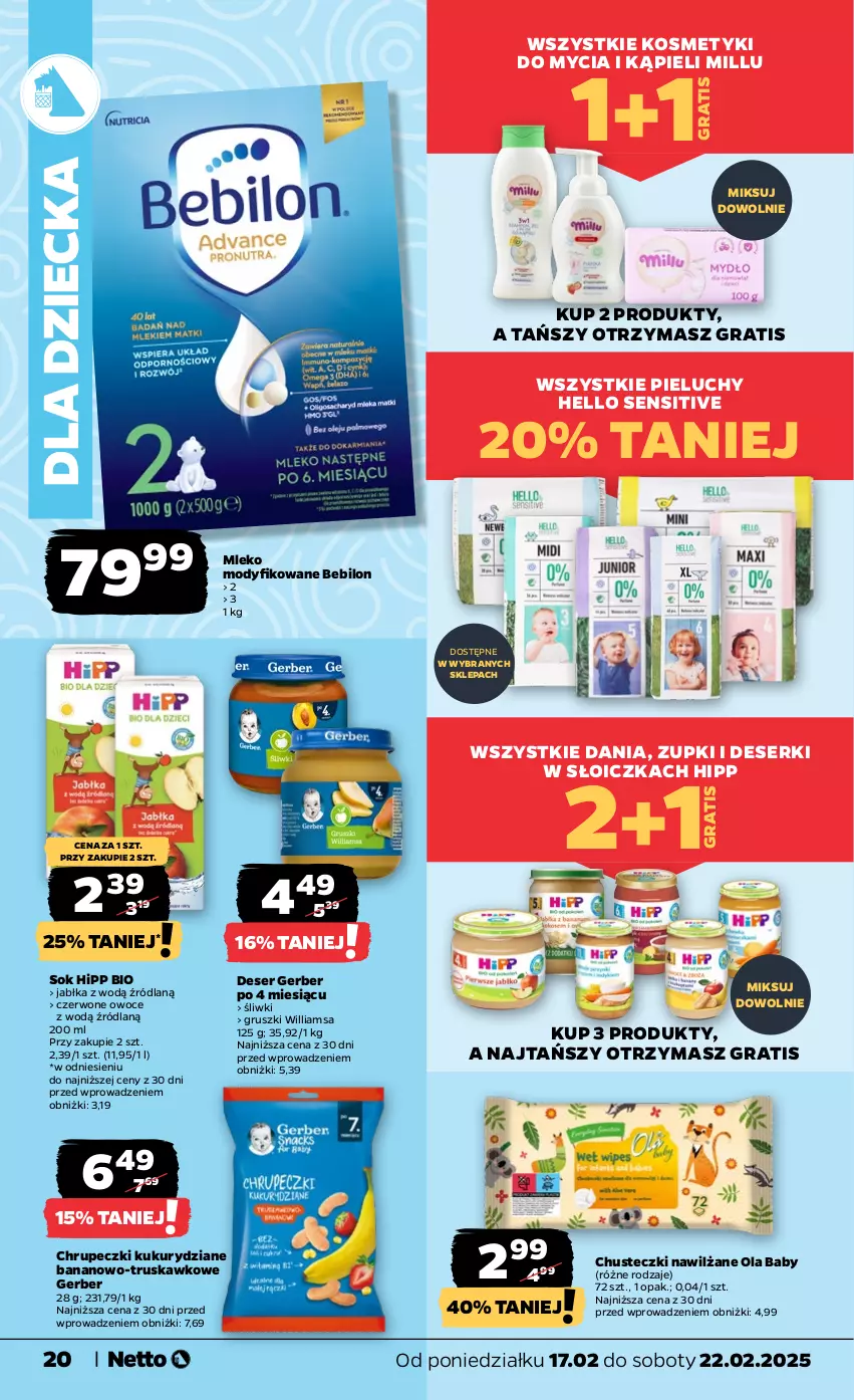 Gazetka promocyjna Netto - Od Poniedziałku - ważna 17.02 do 22.02.2025 - strona 20 - produkty: BEBILON, Chusteczki, Deser, Gerber, Gra, Gruszki, HiPP, Hipp Bio, Iams, Jabłka, Mleko, Mleko modyfikowane, Owoce, Pieluchy, Ser, Sok