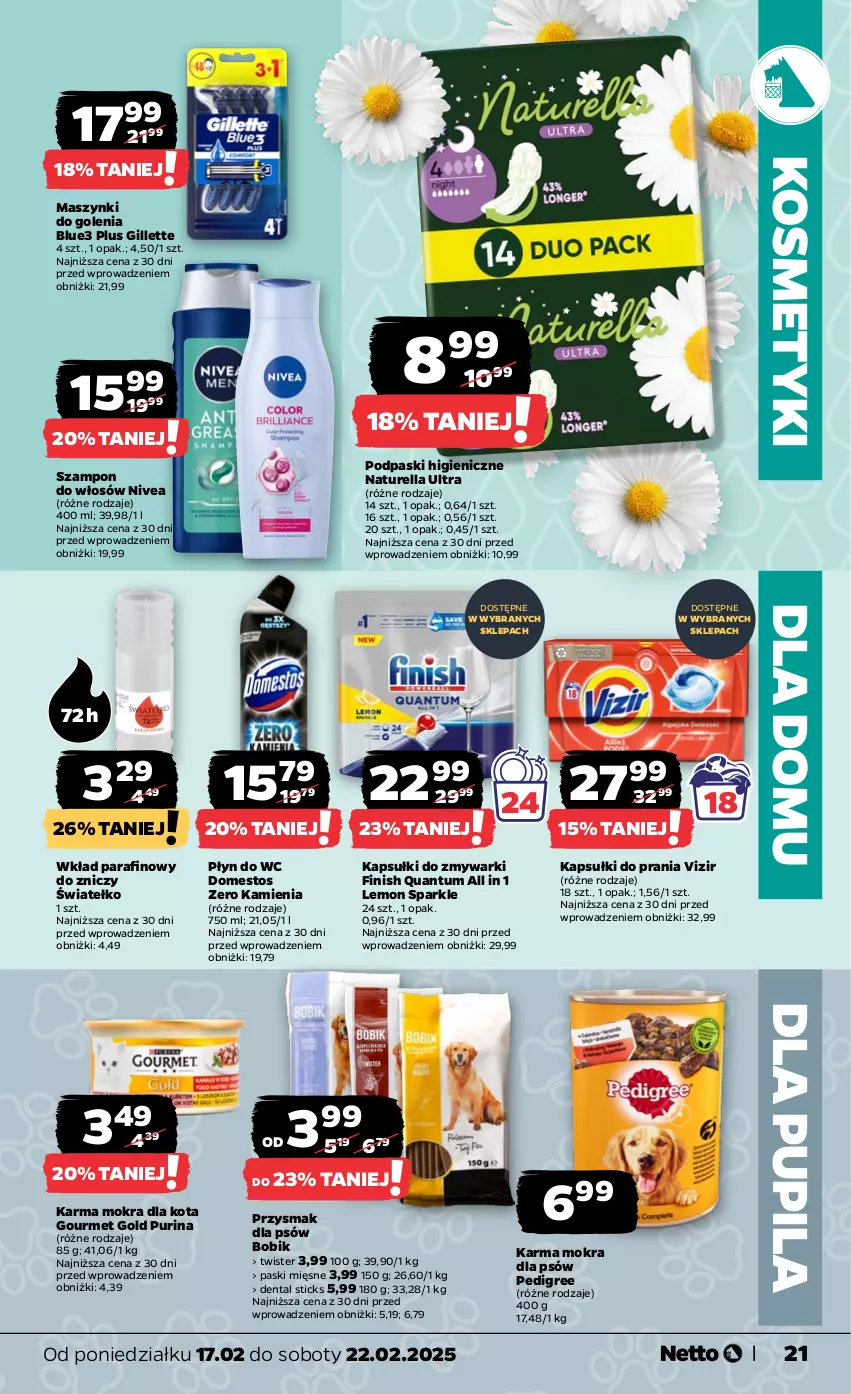 Gazetka promocyjna Netto - Od Poniedziałku - ważna 17.02 do 22.02.2025 - strona 21 - produkty: Domestos, Finish, Gillette, Gourmet Gold, Kapsułki do prania, Naturell, Naturella, Nivea, Pedigree, Płyn do wc, Podpaski, Pur, Purina, Szampon, Vizir, Zmywarki, Znicz