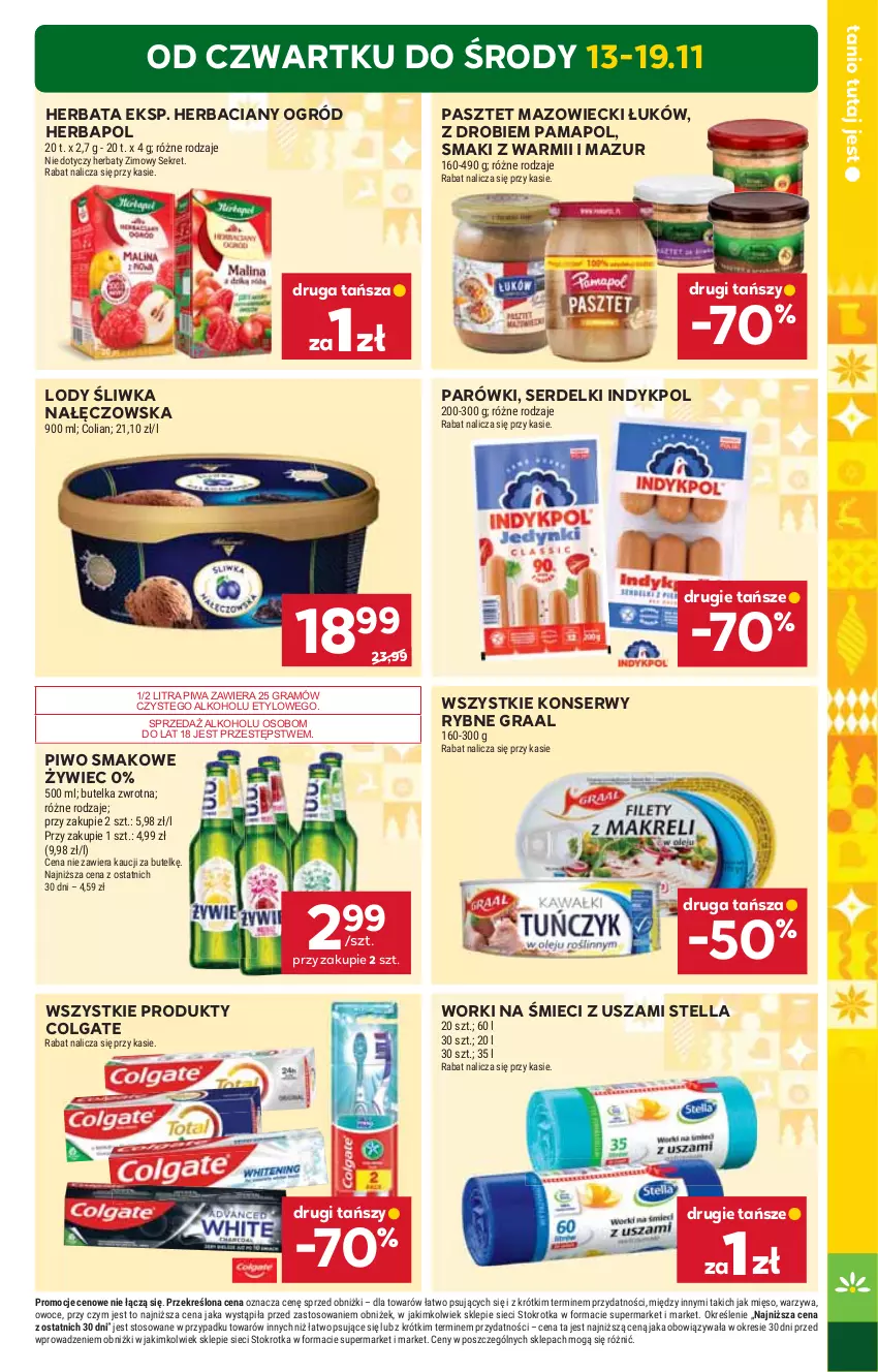 Gazetka promocyjna Stokrotka - Supermarket - ważna 13.11 do 19.11.2025 - strona 3 - produkty: Colgate, Gra, Graal, Herbapol, Herbata, Kret, LG, Lody, Mięso, Ogród, Owoce, Parówki, Pasztet, Piwa, Piwo, Ser, Serdelki, Warzywa, Worki na śmiec, Worki na śmieci