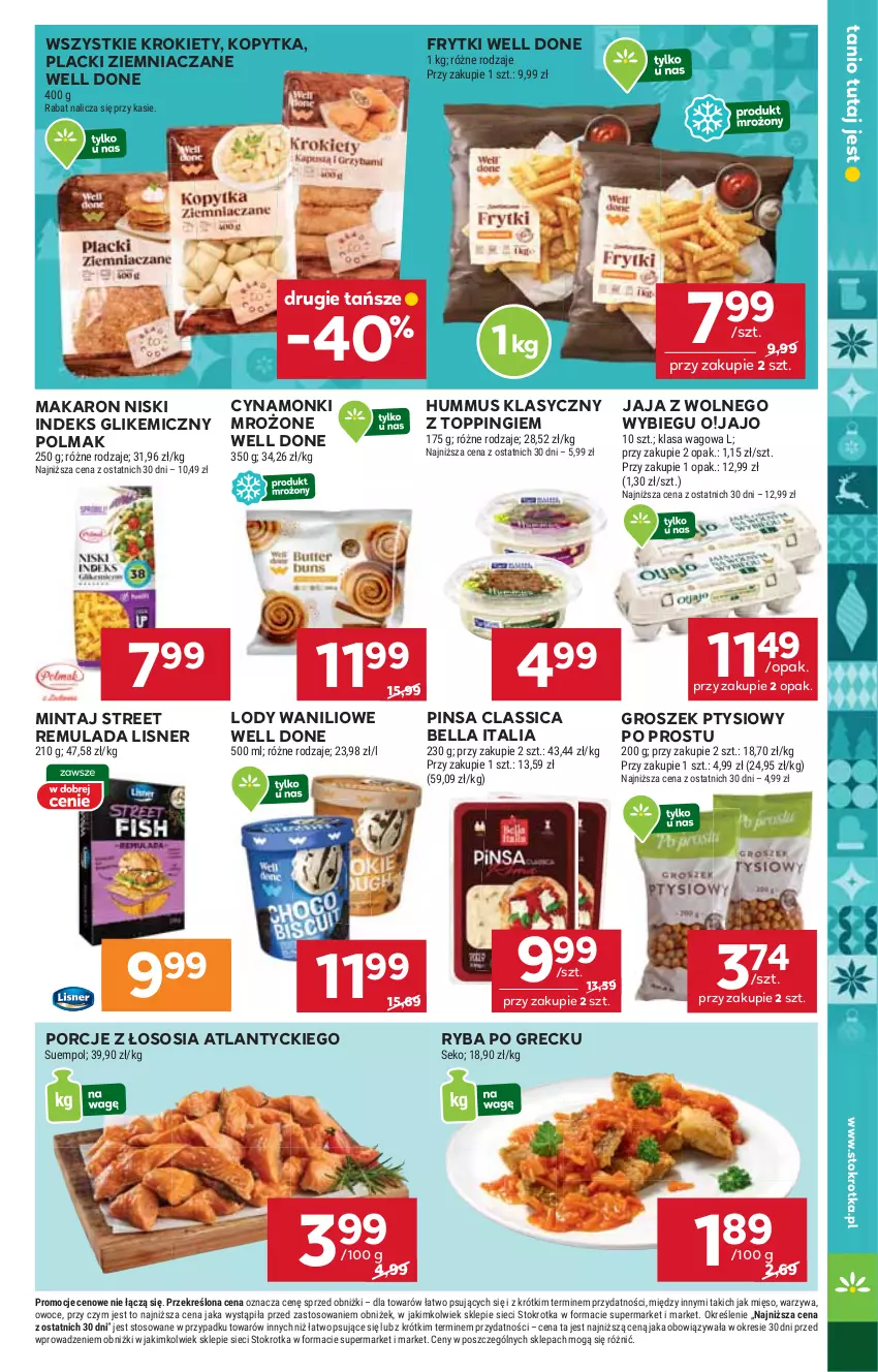 Gazetka promocyjna Stokrotka - Supermarket - ważna 13.11 do 19.11.2025 - strona 33 - produkty: Bell, Bella, Frytki, Groszek, Groszek ptysiowy, Hummus, Jaja, Jaja z wolnego wybiegu, Kopytka, Krokiety, Lack, Lisner, Lody, Makaron, Mięso, Mintaj, Mus, Olma, Owoce, Por, Ryba, Ryba po grecku, SEKO, Sos, Suempol, Top, Warzywa