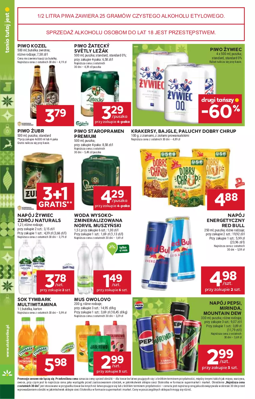 Gazetka promocyjna Stokrotka - Supermarket - ważna 13.11 do 19.11.2025 - strona 36 - produkty: Bajgle, Gra, Kozel, Krakersy, Mięso, Mirinda, Mus, Napój, Napój energetyczny, Owoce, Pepsi, Piwa, Piwo, Red Bull, Sok, Tymbark, Warzywa, Woda