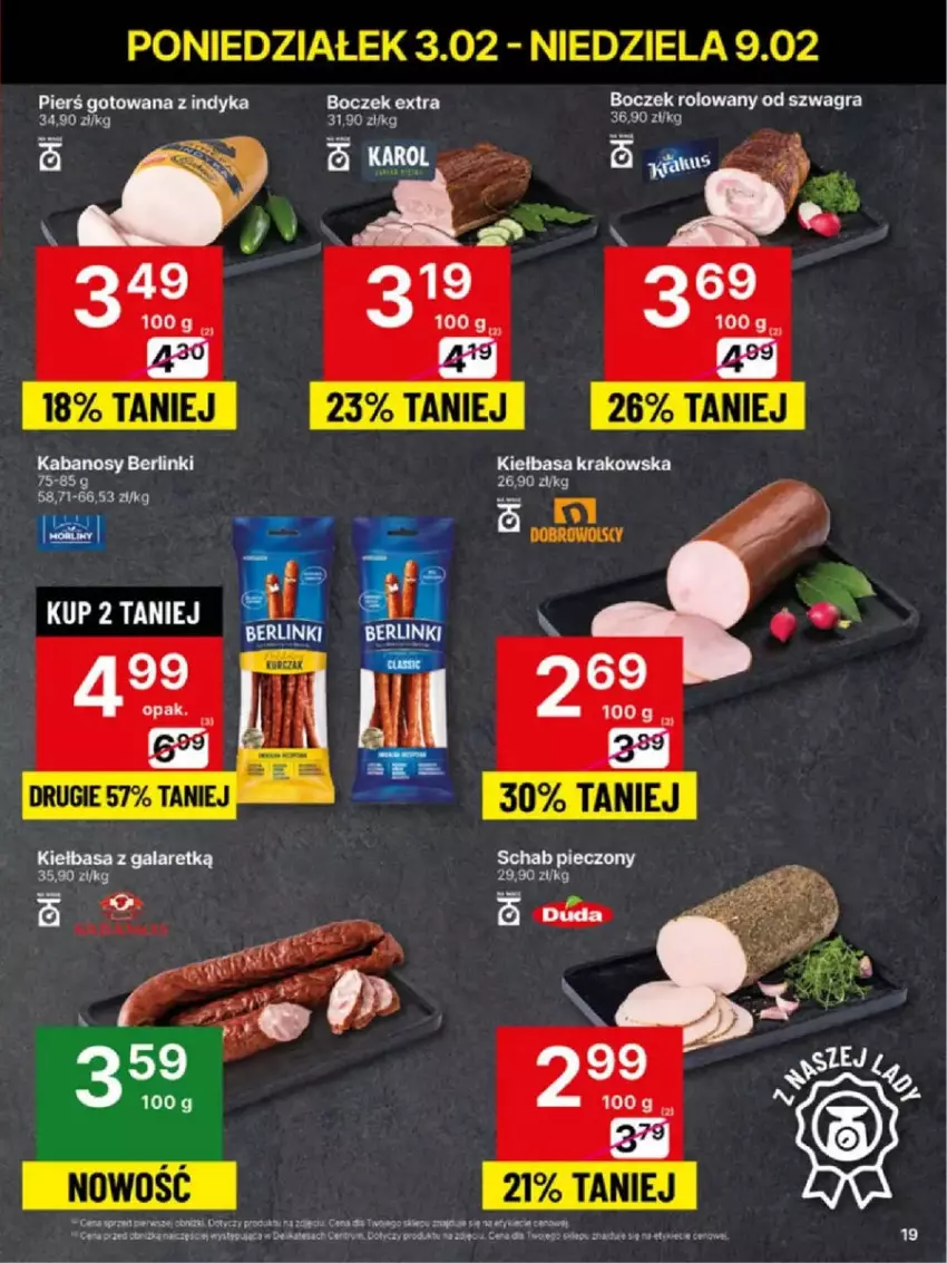 Gazetka promocyjna Delikatesy Centrum - ważna 03.02 do 09.02.2025 - strona 11 - produkty: Berlinki, Boczek, Gra, Kabanos, Kamis, Kiełbasa, Kiełbasa krakowska, Piec, Schab pieczony, Szal