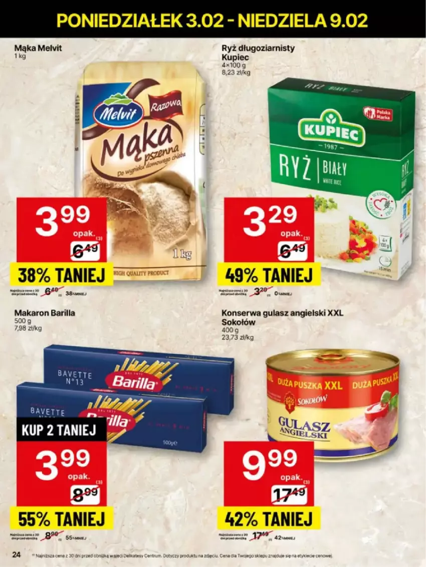 Gazetka promocyjna Delikatesy Centrum - ważna 03.02 do 09.02.2025 - strona 17 - produkty: Barilla, Kupiec, Mąka, Makaron, Melvit, Piec, Rum, Ryż, Ser, Sezam, Sok, Sokołów