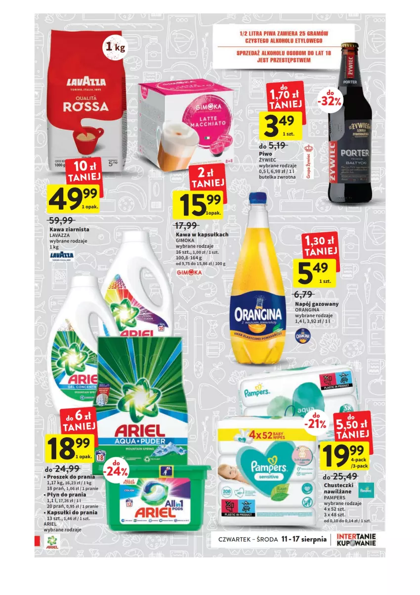 Gazetka promocyjna Intermarche - Gazetka Intermarche - ważna 11.08 do 17.08.2022 - strona 3 - produkty: Ariel, Chusteczki, Gimoka, Gin, Gra, Kapsułki do prania, Kawa, Kawa ziarnista, Lavazza, Napój, Napój gazowany, Pampers, Piwa, Piwo, Płyn do prania, Proszek do prania