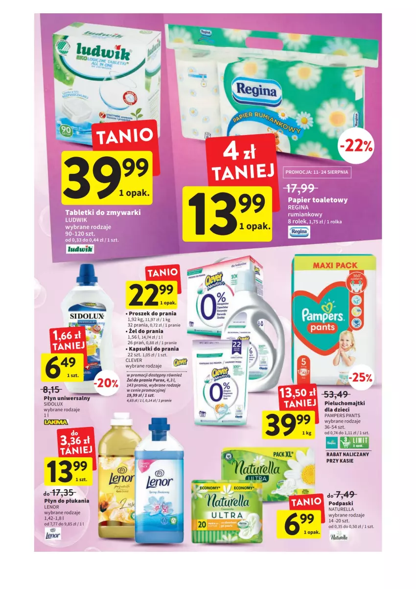 Gazetka promocyjna Intermarche - Gazetka Intermarche - ważna 11.08 do 17.08.2022 - strona 32 - produkty: Dzieci, Gin, Kapsułki do prania, Lenor, Ludwik, Majtki, Naturell, Naturella, Pampers, Papier, Papier toaletowy, Pieluchomajtki, Płyn do płukania, Podpaski, Proszek do prania, Pur, Rum, Sidolux, Tablet, Tabletki do zmywarki, Zmywarki