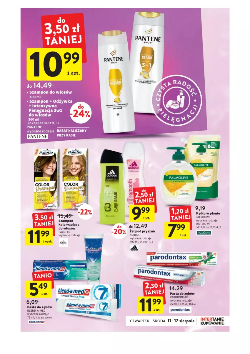 Gazetka promocyjna Intermarche - Gazetka Intermarche - ważna 11.08 do 17.08.2022 - strona 33 - produkty: Adidas, Blend-a-Med, Mydło, Mydło w płynie, Palette, Palmolive, Pantene, Parodontax, Pasta do zębów, Szampon