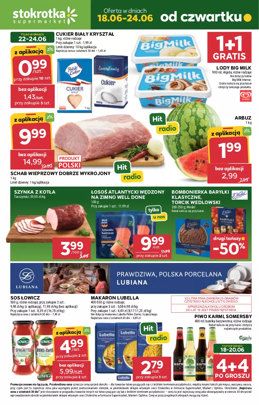 Gazetka promocyjna Stokrotka - Supermarket - ważna 18.06 do 24.06.2026 - strona 1 - produkty: Algida, Arbuz, Baryłki, Bell, Bella, Big Milk, Cukier, Gra, Karmi, LANA, LG, Lody, Lubella, Makaron, Mięso, Optima, Owoce, Piwa, Piwo, Por, Schab wieprzowy, Somersby, Sos, Szynka, Tarczyński, Warzywa
