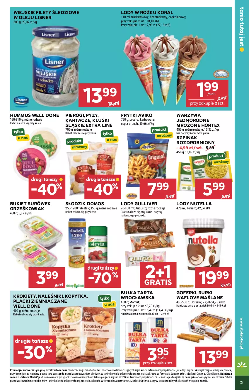 Gazetka promocyjna Stokrotka - Supermarket - ważna 18.06 do 24.06.2026 - strona 35 - produkty: Bukiet, Bułka, Bułka tarta, Ferrero, Frytki, Gra, Hortex, Hummus, Kopytka, Krokiety, Lack, Lisner, Lody, Mięso, Mus, Naleśniki, Nutella, Olej, Optima, Owoce, Pierogi, Pur, Rurki, Szpinak, Tablet, Tarta, Warzywa