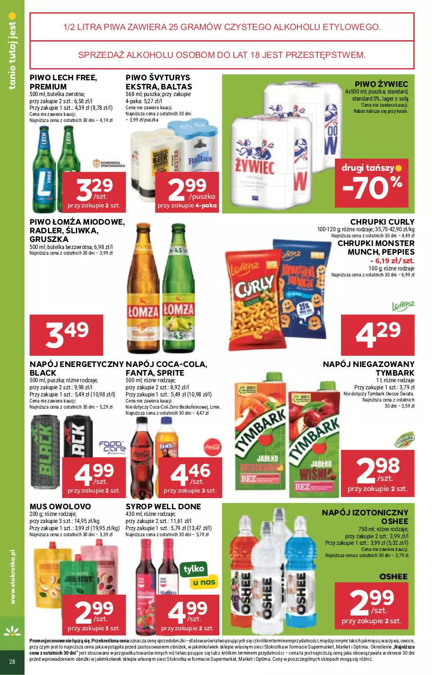 Gazetka promocyjna Stokrotka - Supermarket - ważna 18.06 do 24.06.2026 - strona 36 - produkty: Chrupki, Coca-Cola, Fa, Fanta, Gra, Lack, Mięso, Monster Munch, Mus, Napój, Napój energetyczny, Napój izotoniczny, Napój niegazowany, Optima, Oshee, Owoce, Piwa, Piwo, Radler, Sprite, Syrop, Tymbark, Warzywa
