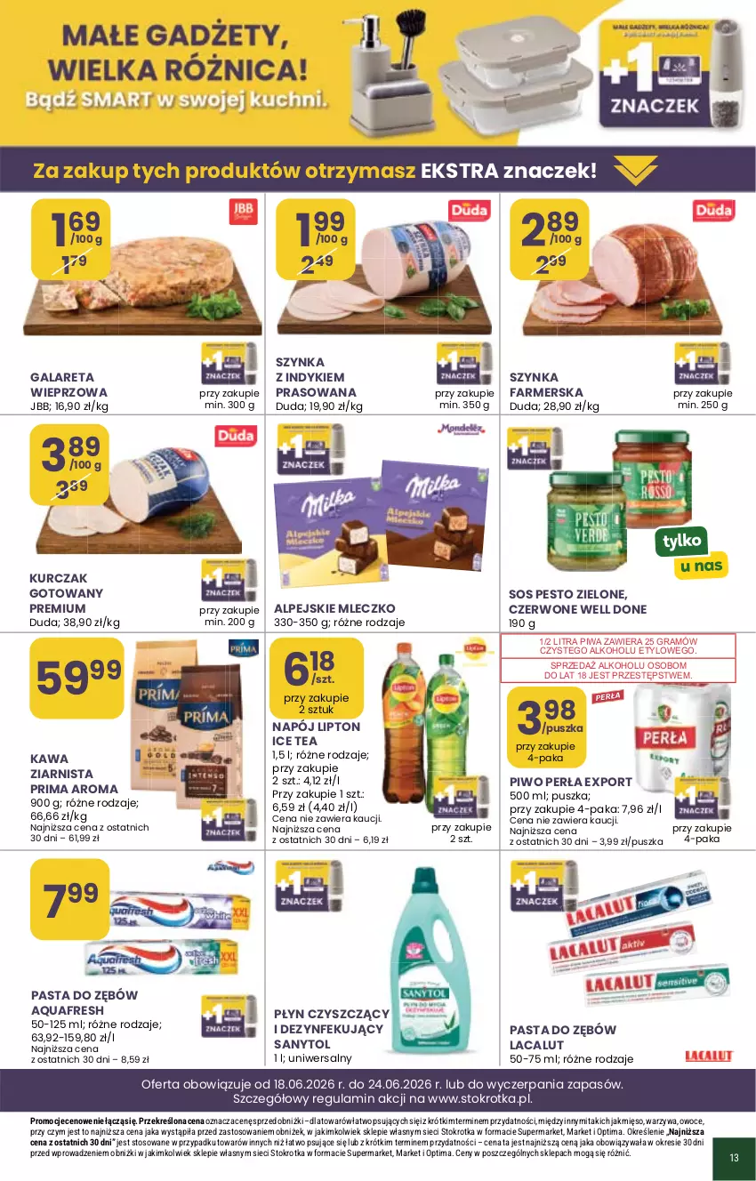 Gazetka promocyjna Stokrotka - Supermarket - ważna 18.06 do 24.06.2026 - strona 39 - produkty: Aquafresh, Duda, Fa, Gala, Gra, Ice tea, Kawa, Kawa ziarnista, Kurczak, Kurczak gotowany, Lacalut, Lipton, Mięso, Mleczko, Napój, Optima, Owoce, Pasta do zębów, Perła, Pesto, Piwa, Piwo, Por, Prima, Sanytol, Sos, Szynka, Szynka farmerska, Warzywa