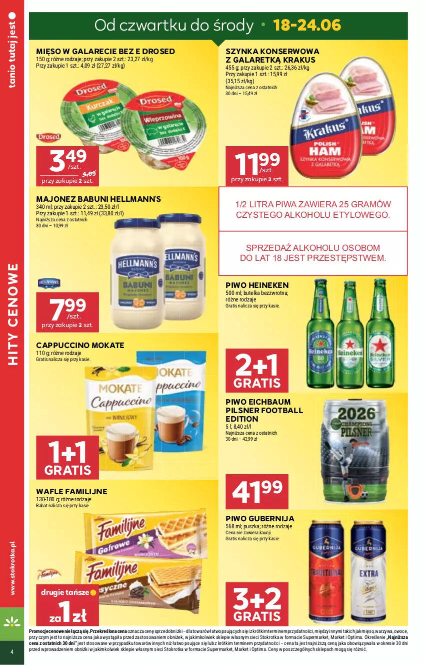 Gazetka promocyjna Stokrotka - Supermarket - ważna 18.06 do 24.06.2026 - strona 4 - produkty: Babuni, Cappuccino, Fa, Gala, Gra, Heineken, Hellmann’s, Krakus, Majonez, Mięso, Mięso w galarecie, Optima, Owoce, Piwa, Piwo, Ser, Szynka, Szynka konserwowa, Wafle, Warzywa