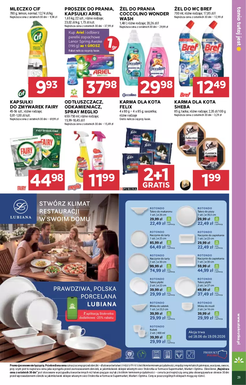 Gazetka promocyjna Stokrotka - Supermarket - ważna 18.06 do 24.06.2026 - strona 41 - produkty: Ariel, Bref, Cif, Coccolino, Fa, Fairy, Felix, Gra, Lenor, Mięso, Mleczko, Odkamieniacz, Odtłuszczacz, Optima, Owoce, Perełki zapachowe, Proszek do prania, Sheba, Warzywa