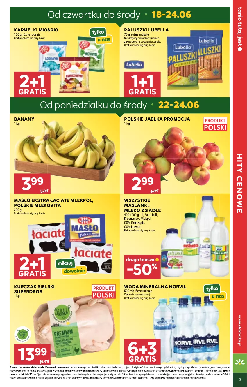 Gazetka promocyjna Stokrotka - Supermarket - ważna 18.06 do 24.06.2026 - strona 5 - produkty: Banany, Bell, Bella, Fa, Farm Milk, Gra, Jabłka, Kurczak, Lanki, Lubella, Masło, Mięso, Mleko, Mleko zsiadłe, Mlekovita, Optima, Owoce, Warzywa, Woda, Woda mineralna