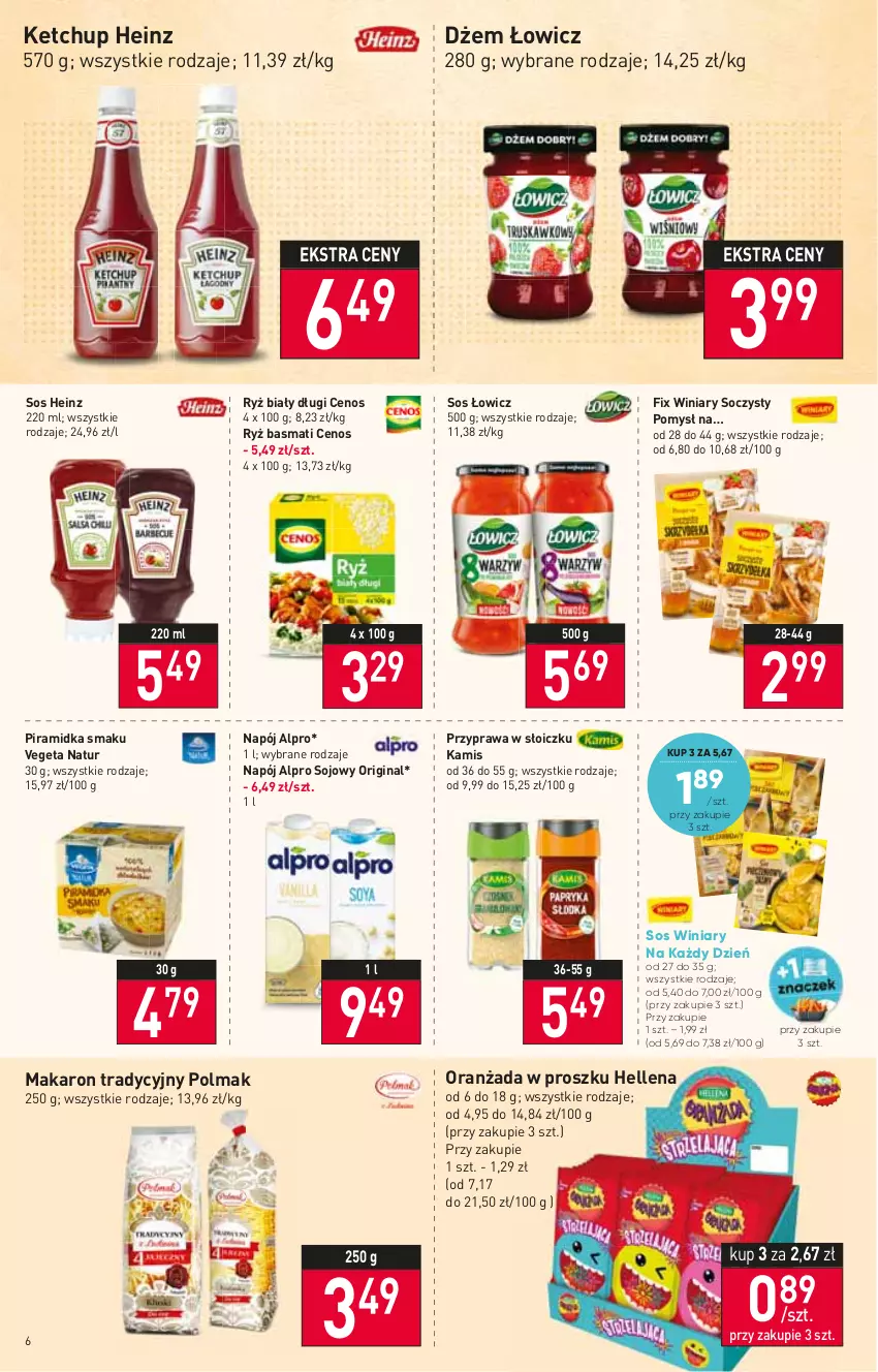 Gazetka promocyjna Stokrotka - Market - ważna 29.12.2022 do 04.01.2023 - strona 6 - produkty: Alpro, Cenos, Dżem, Gin, Heinz, Hellena, Kamis, Ketchup, Makaron, Napój, Olma, Oranżada, Piramidka smaku, Ryż, Ryż basmati, Ryż biały, Sos, Vegeta, Vegeta Natur, Winiary