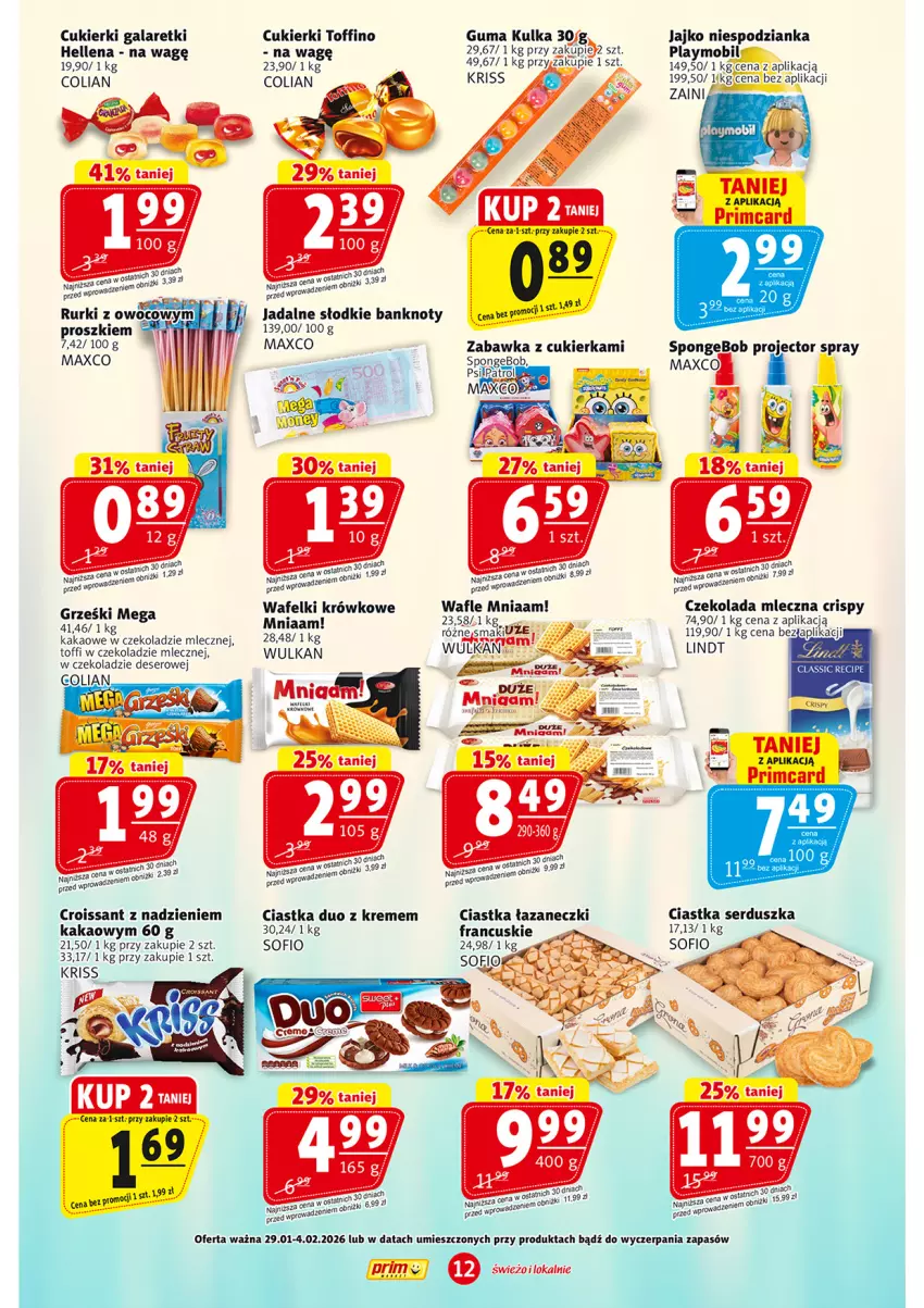 Gazetka promocyjna Prim Market - ważna 29.01 do 04.02.2026 - strona 12 - produkty: Ciastka, Croissant, Cukier, Cukierki, Czekolada, Czekolada mleczna, Deser, Gala, Galaretki, Grześki, Hellena, Kakao, Lindt, Mobil, Playmobil, Ser, Toffino, Wafle, Zabawka