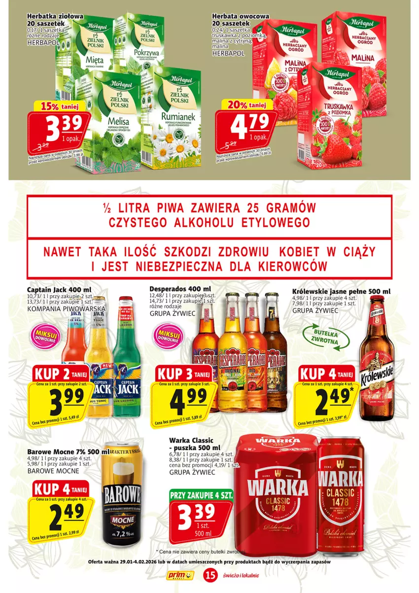 Gazetka promocyjna Prim Market - ważna 29.01 do 04.02.2026 - strona 15 - produkty: Captain Jack, Gra, Herbapol, Herbata, Herbata owocowa, Królewski, Piec, Piwa, Piwo, Rum, Warka
