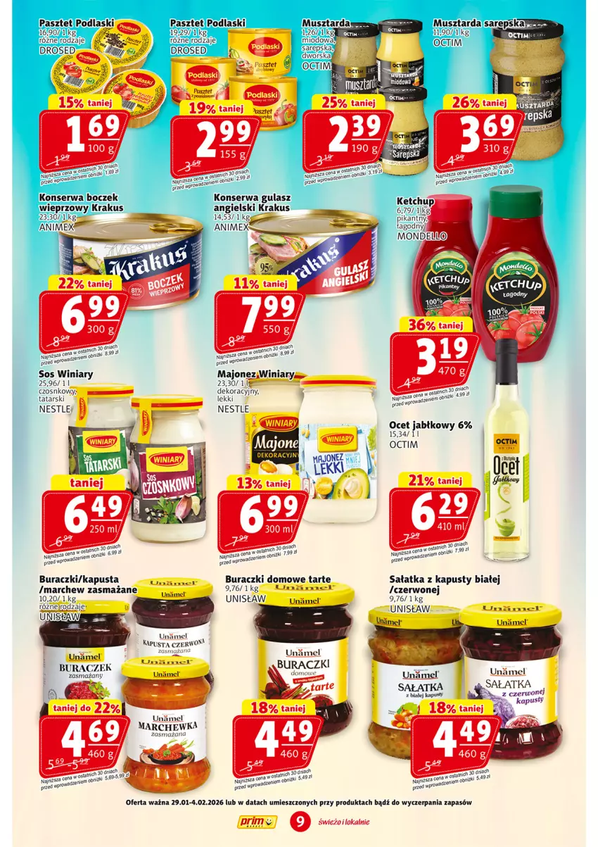 Gazetka promocyjna Prim Market - ważna 29.01 do 04.02.2026 - strona 9 - produkty: Buraczki, Ketchup, Majonez, Marchewka, Mus, Musztarda, Ocet, Pasztet, Sałat, Sałatka, Sos, Winiary
