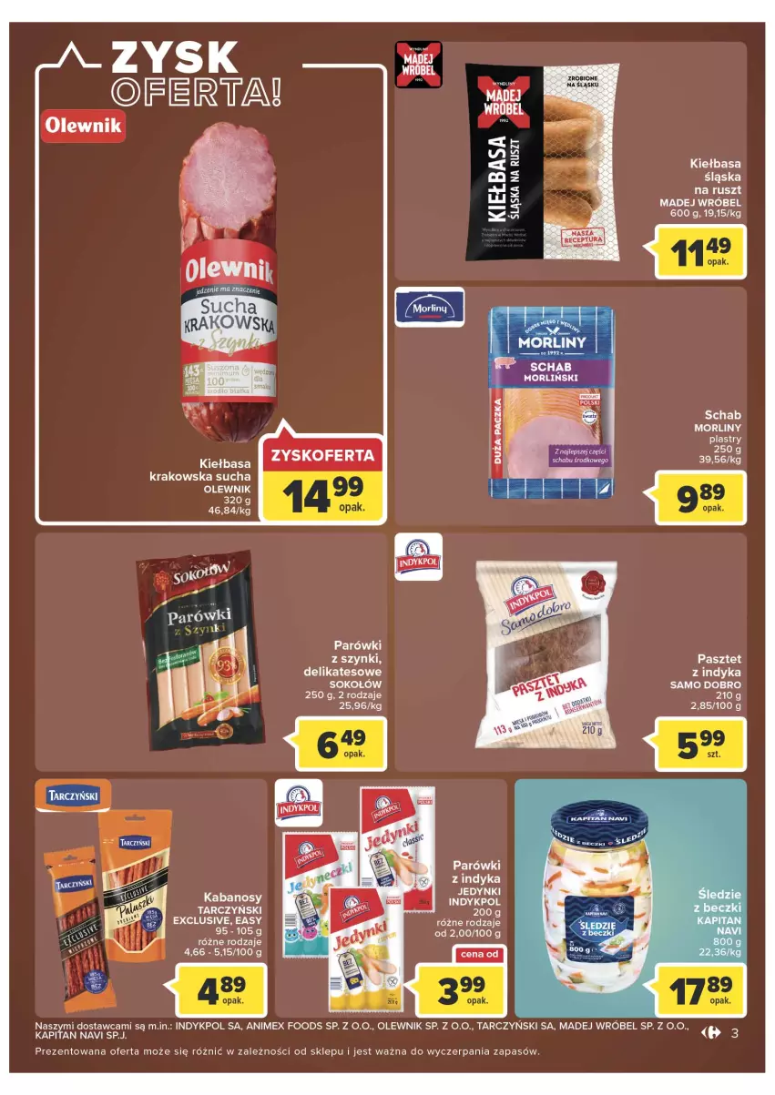 Gazetka promocyjna Carrefour - Gazetka Market - ważna 01.03 do 12.03.2022 - strona 3 - produkty: Kabanos, Kiełbasa, Kiełbasa krakowska, Madej Wróbel, Morliny, Olewnik, Parówki, Parówki z indyka, Parówki z szynki, Pasztet, Sok, Sokołów, Tarczyński