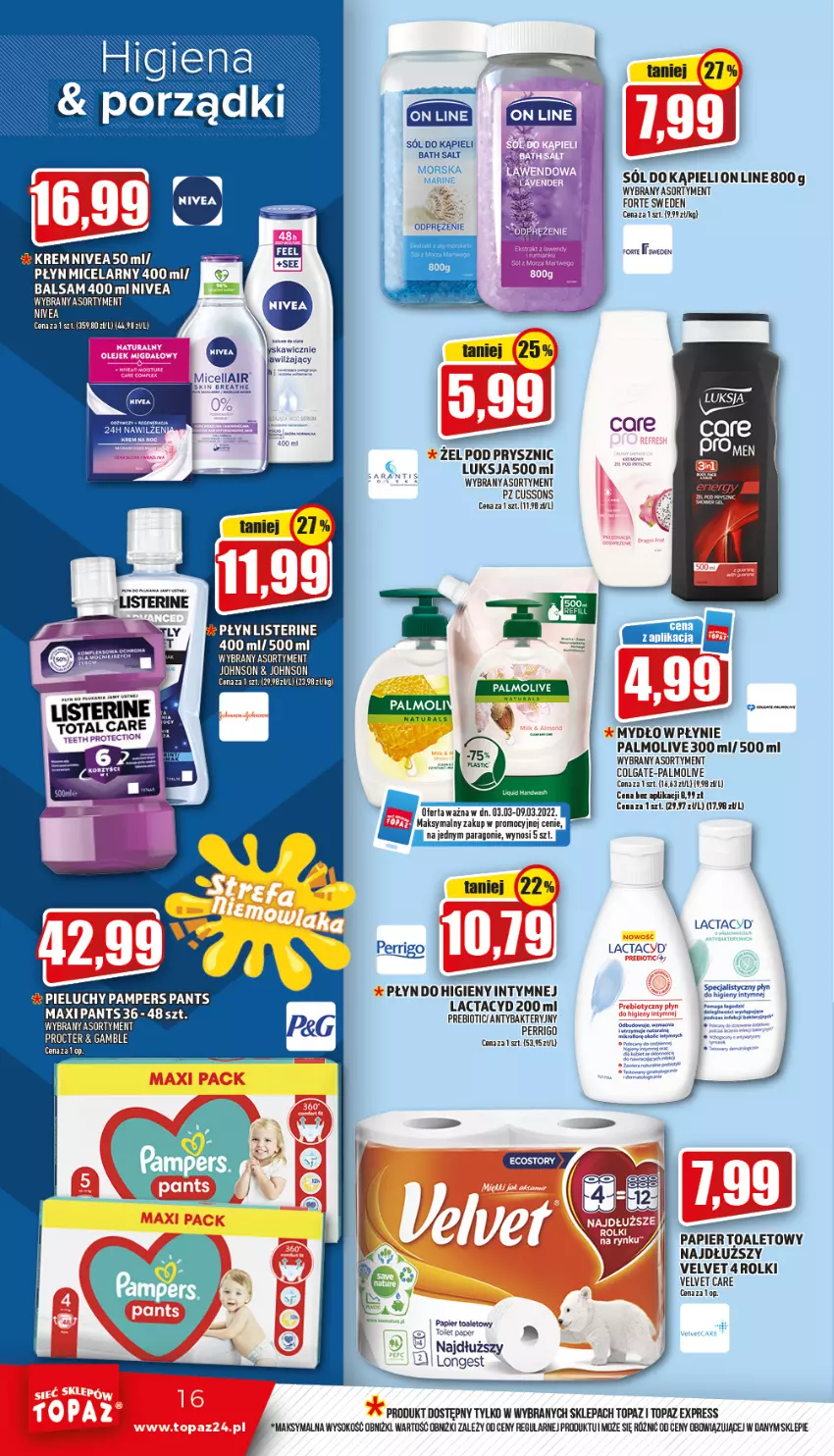 Gazetka promocyjna Topaz - Gazetka - ważna 03.03 do 09.03.2022 - strona 16 - produkty: Colgate, Lactacyd, LG, Lion, Listerine, Luksja, Mydło, Palmolive, Papier, Papier toaletowy, Płyn do higieny intymnej, Płyn micelarny, Rolki, Sok, Sól, Sól do kąpieli, Top, Velvet