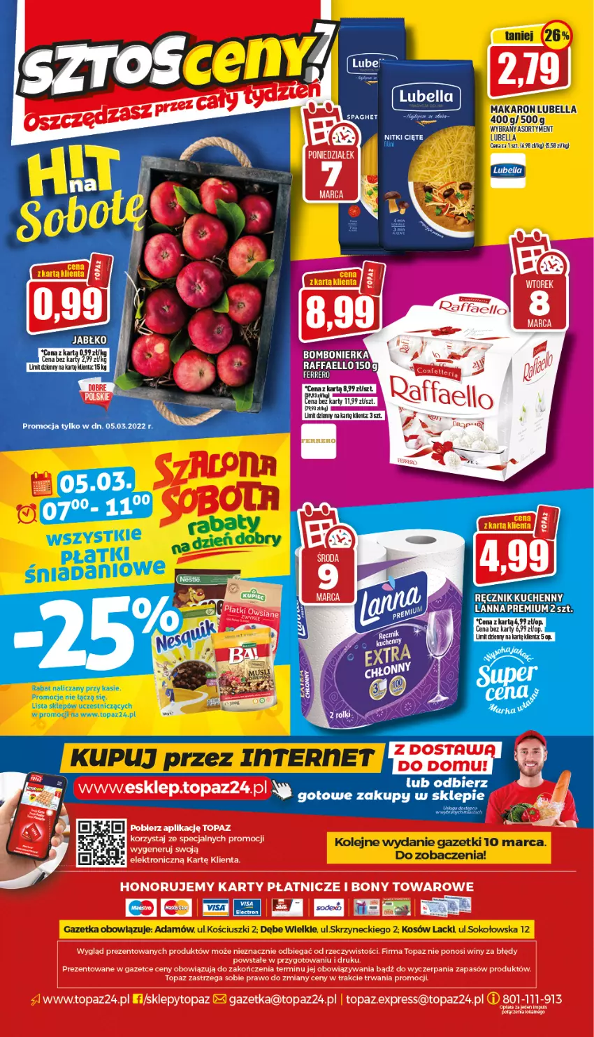 Gazetka promocyjna Topaz - Gazetka - ważna 03.03 do 09.03.2022 - strona 20 - produkty: Bell, Bella, Lack, Lubella, Makaron, Olej, Ręcznik, Sok, Top