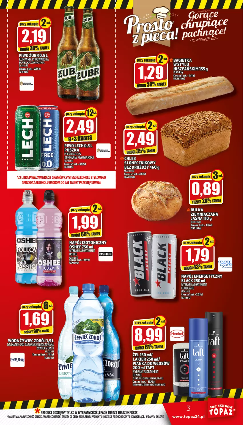 Gazetka promocyjna Topaz - Gazetka - ważna 03.03 do 09.03.2022 - strona 3 - produkty: Bagietka, Chleb, Gra, Lack, Lakier, Napój, Napój energetyczny, Oshee, Piwa, Piwo, Sok, Sos, Top, Woda