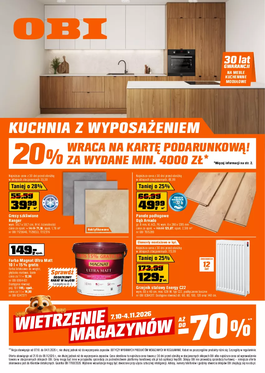 Gazetka promocyjna Obi - Gazetka OBI - ważna 21.10 do 09.11.2026 - strona 1 - produkty: Dres, Fa, Farba lateksowa, Gra, Gres, Grzejnik, Grzejnik stalowy, Intel, Kuchnia, Meble, Por, Telefon